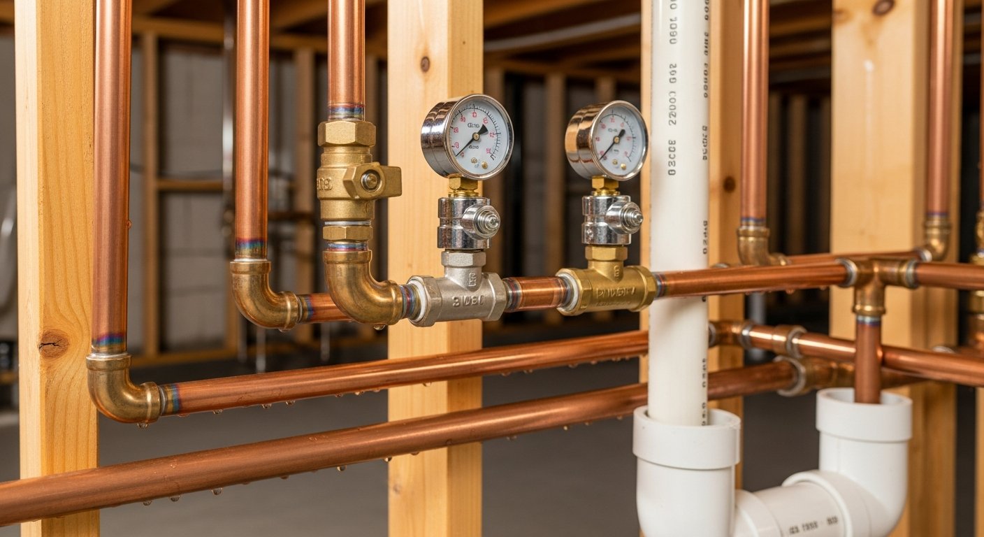 Close-up of professional copper piping and boiler fittings showcasing quality workmanship